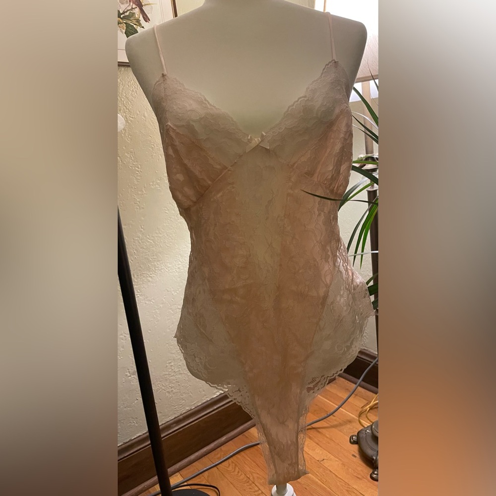 VINTAGE pink nylon and lace bodysuit. Undercover Wear